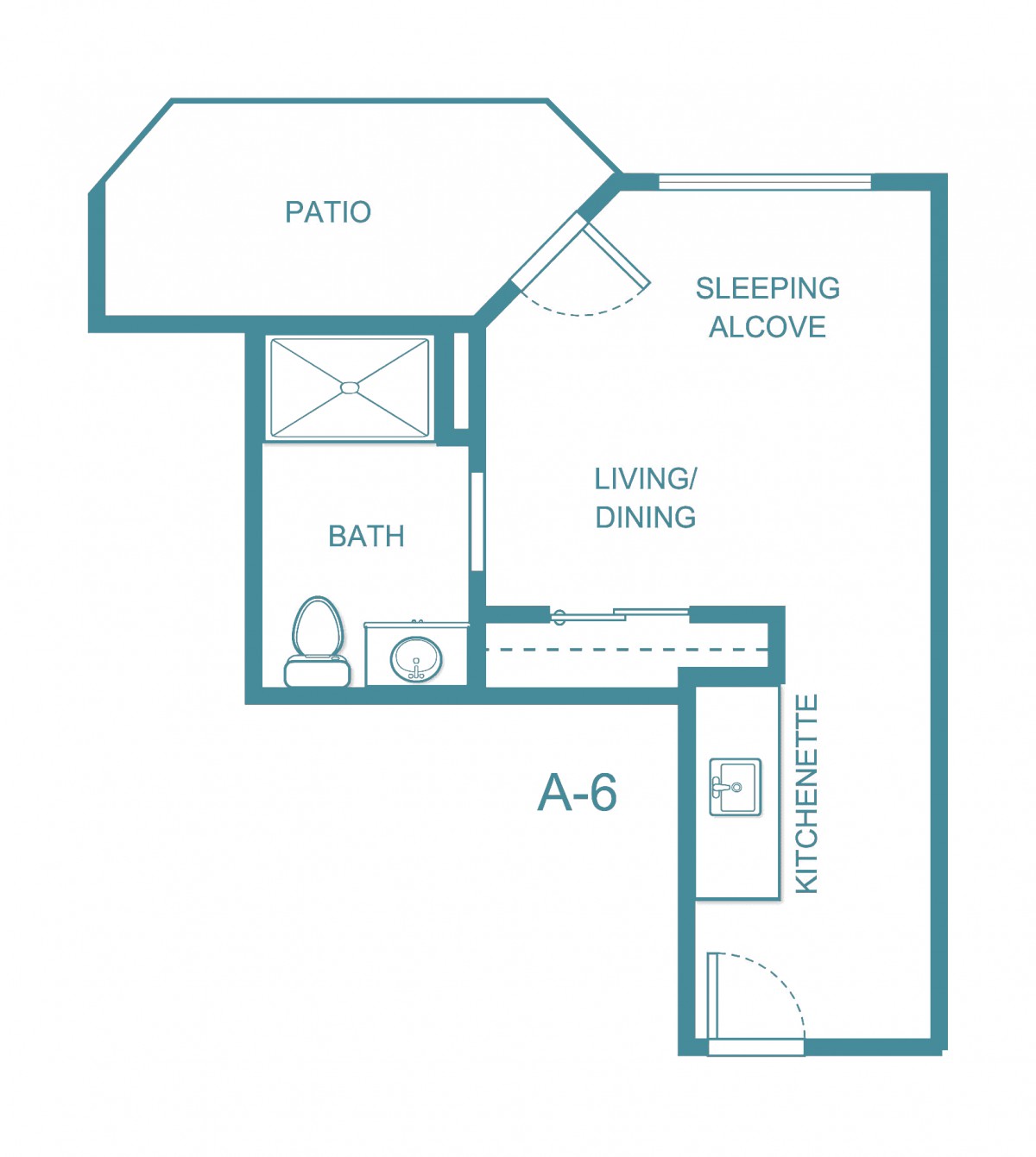 Studio apartment floor plan with a sleeping alcove, living/dining area, bathroom, and patio.