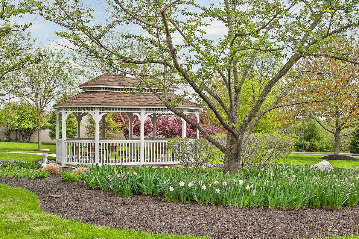 A serene garden scene featuring a white gazebo, surrounded by trees and blooming flowers.