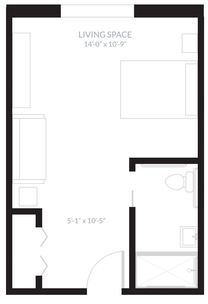 A simple floor plan layout of a small apartment with designated areas for essential living spaces.