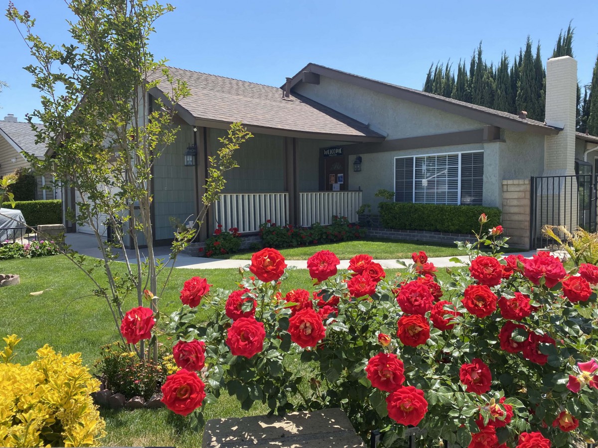 A charming house with a beautifully landscaped front yard featuring vibrant red roses.