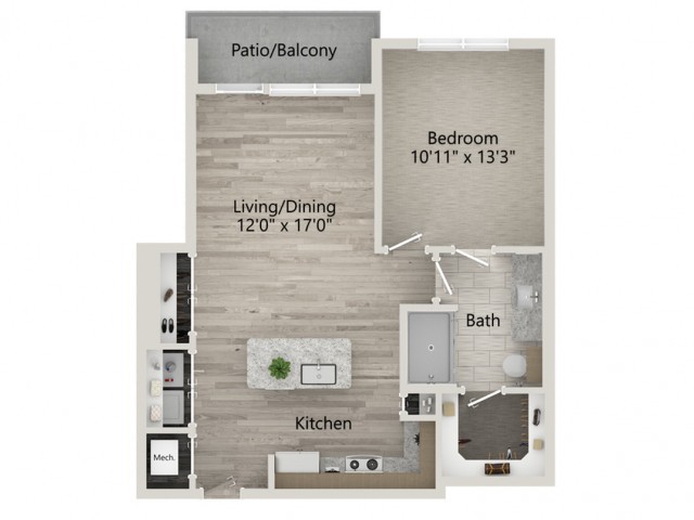 One-bedroom apartment floor plan with a living/dining area, kitchen, bathroom, and patio/balcony.