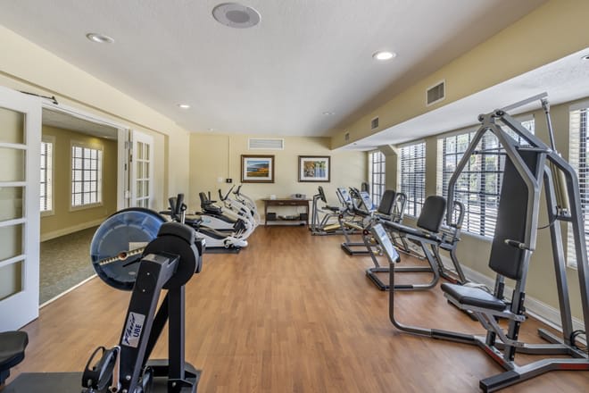 A well-equipped gym with various exercise machines and ample natural light.