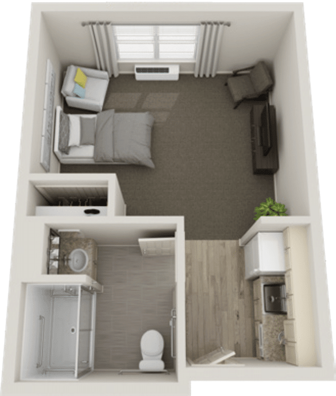 A compact studio apartment floor plan with a bed, sofa, kitchenette, and bathroom.