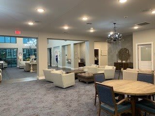 A modern lobby area with elegant seating and lighting.