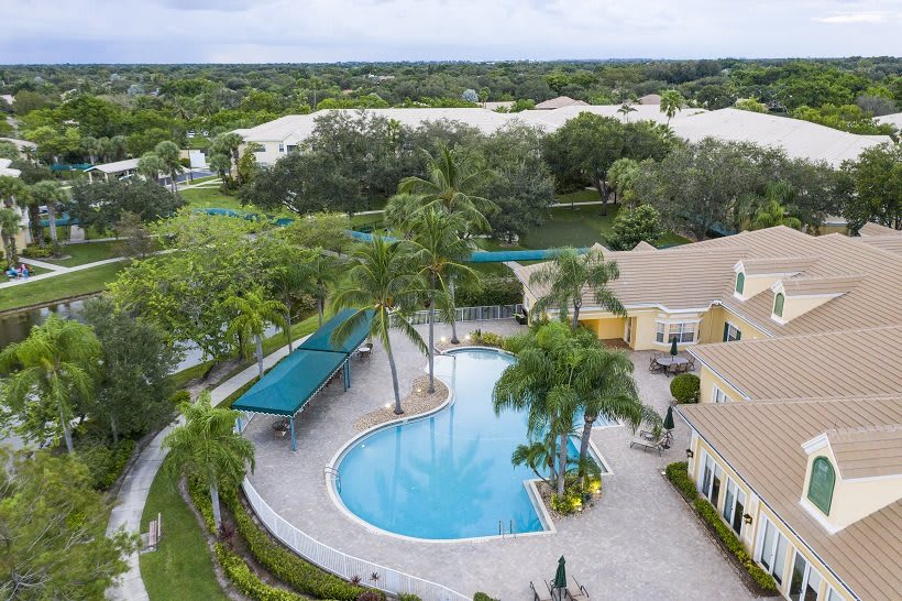 Aerial view of a residential area featuring a swimming pool surrounded by palm trees.