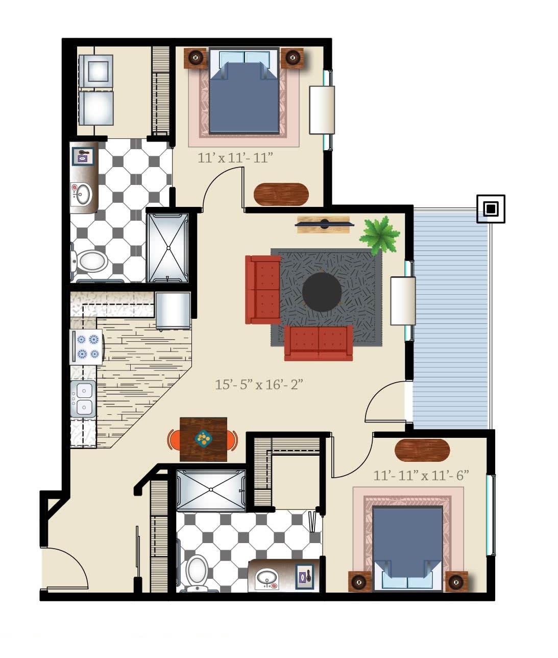 An architectural floor plan showing the layout of an apartment with bedrooms, a kitchen, and living areas.