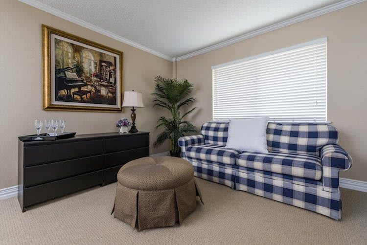 A cozy living room with a plaid sofa, ottoman, and decorative elements.
