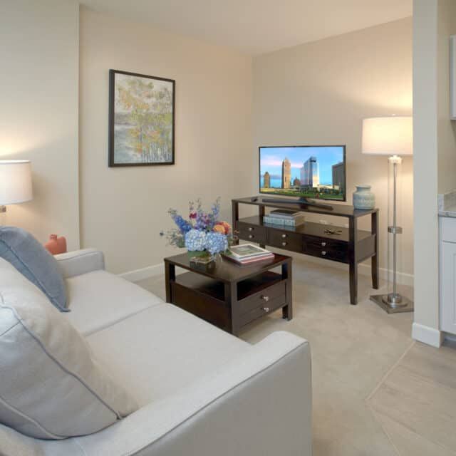 A cozy living room with modern furnishings, featuring a sofa, coffee table, and a television.