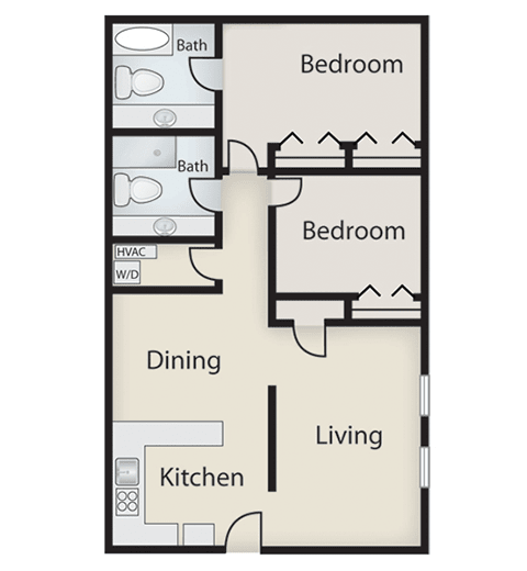 A floor plan showing an apartment layout with two bedrooms, a bathroom, a kitchen, dining area, and living room.