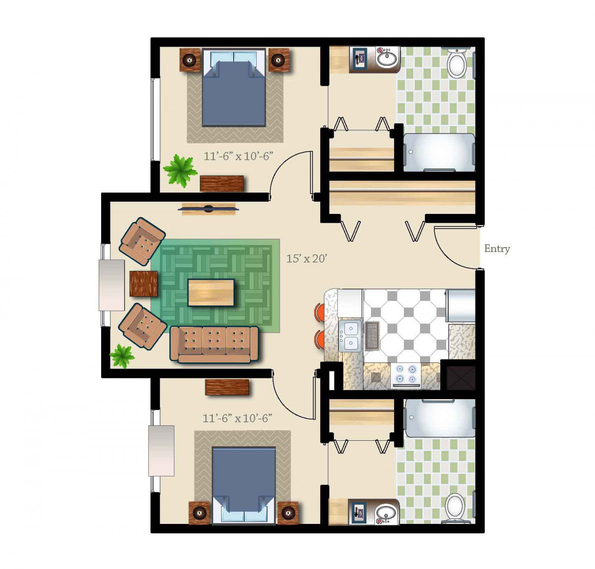A detailed floor plan of a two-bedroom apartment with a living room and kitchen.