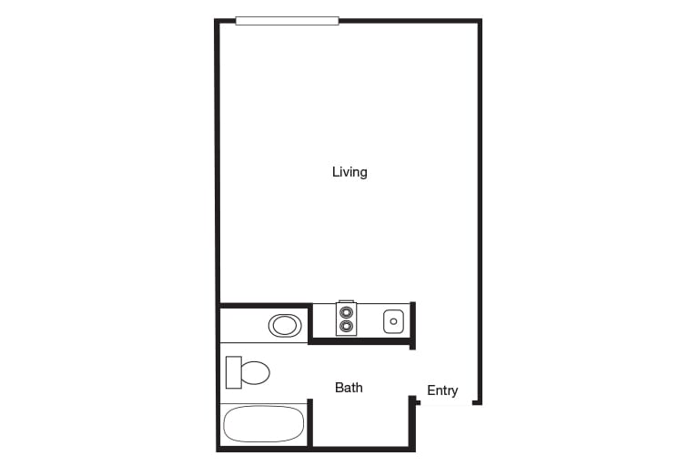 A simple floor plan of a studio apartment with a living area, bathroom, and entry.