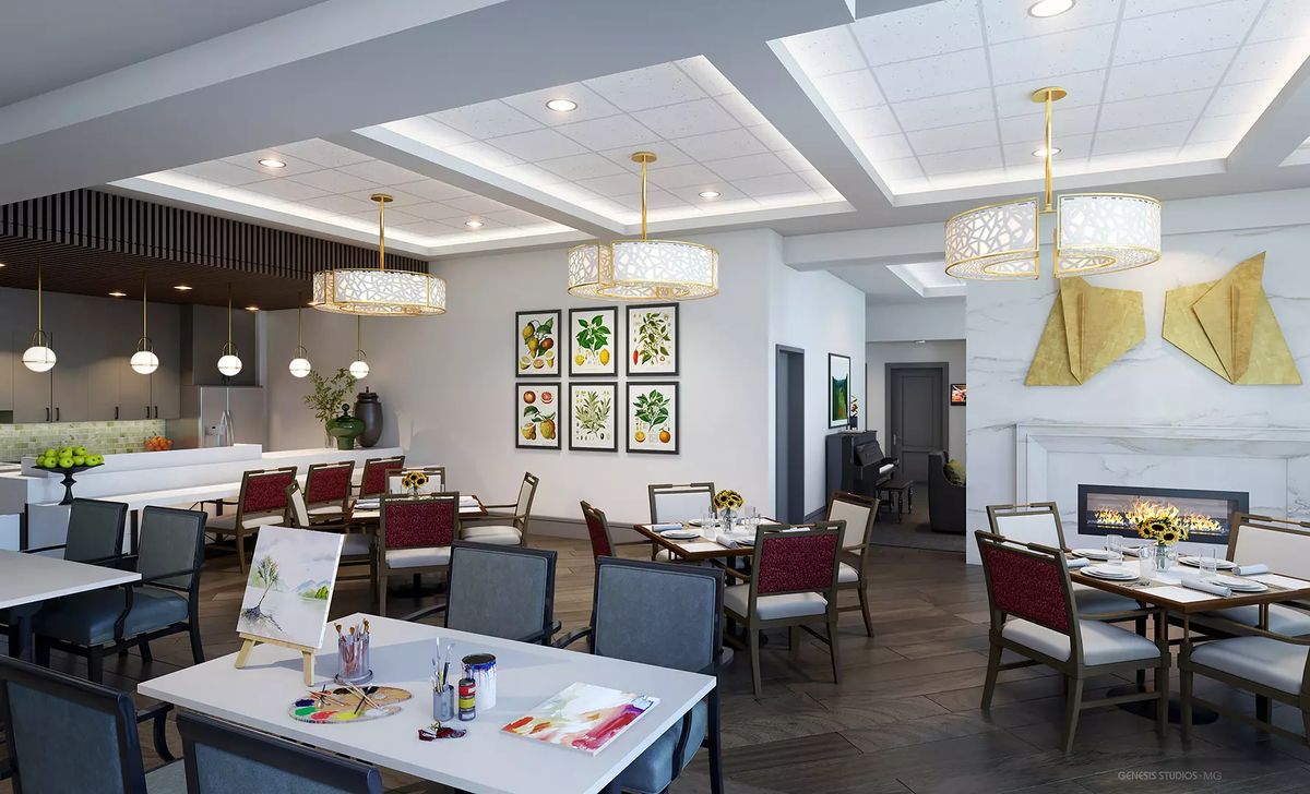 Modern restaurant dining area with elegant lighting and contemporary decor.