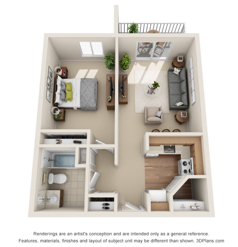A 3D floor plan of a one-bedroom apartment featuring a living room, kitchen, bathroom, and bedroom.