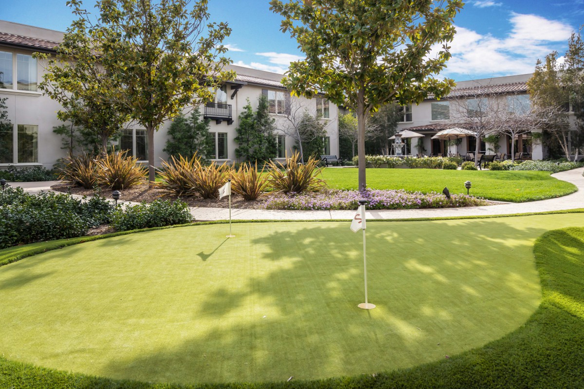 A putting green surrounded by trees and residential buildings.
