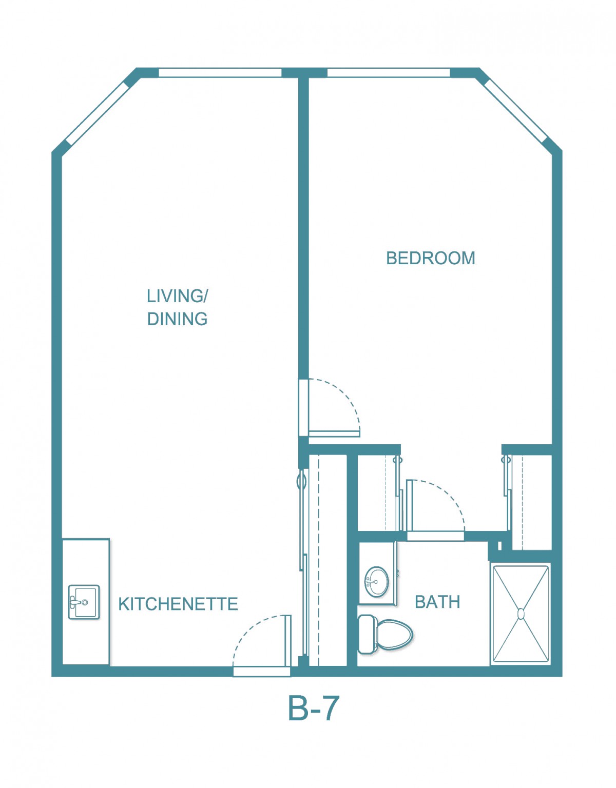 A floor plan of a one-bedroom apartment featuring a living/dining area, kitchenette, and bathroom.