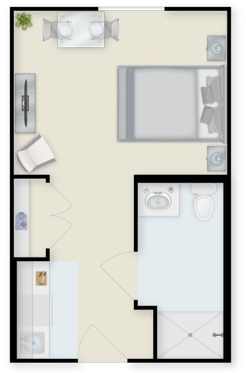 A compact floor plan featuring a small bedroom and bathroom layout.