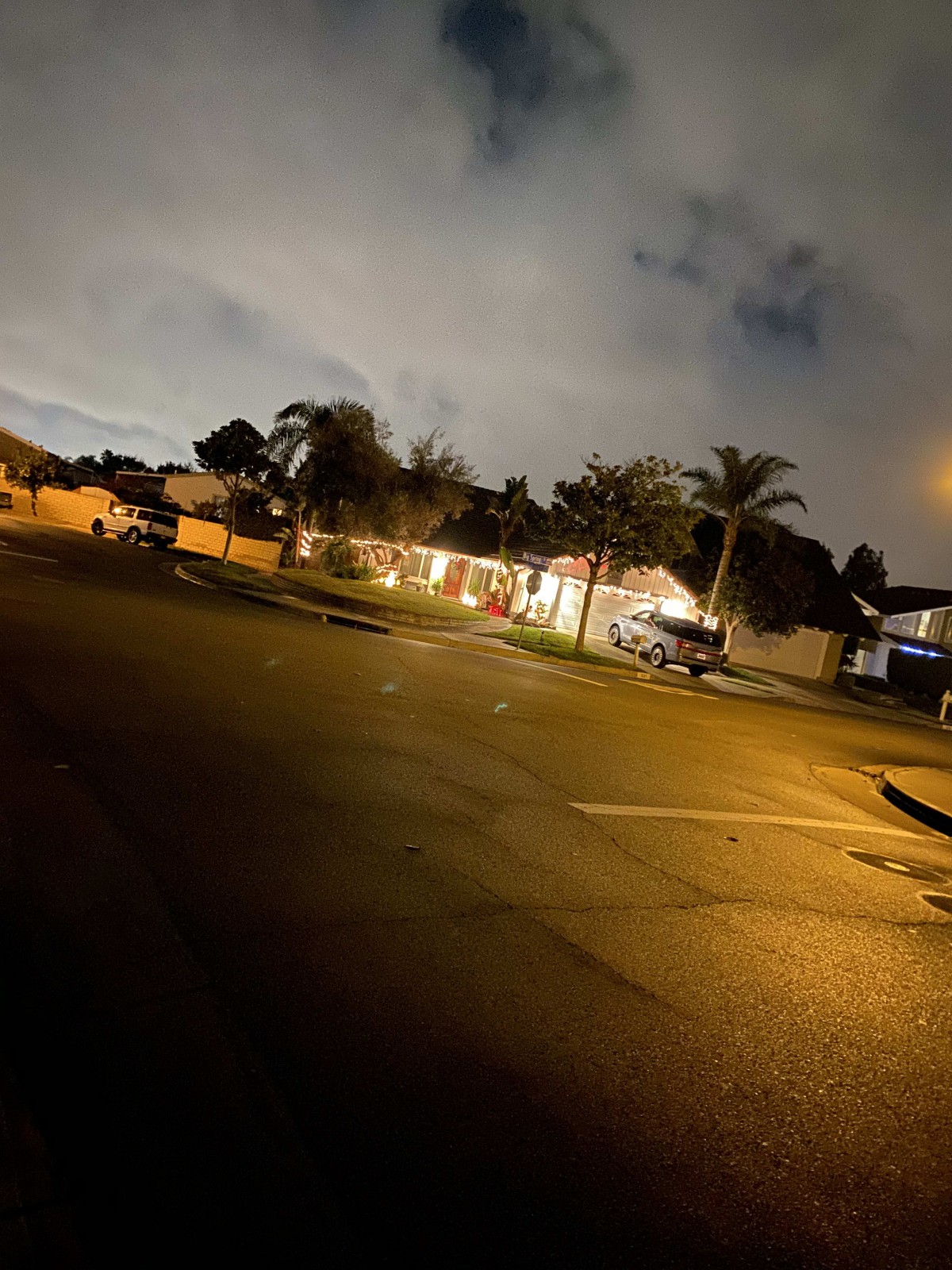 A quiet suburban street at night with palm trees and parked cars.