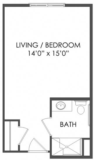A floor plan of a studio apartment showing a combined living and bedroom area with dimensions, and an attached bathroom.
