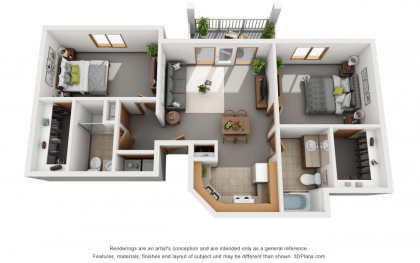 A 3D floor plan of a two-bedroom apartment featuring a living room, kitchen, bathroom, and balcony.