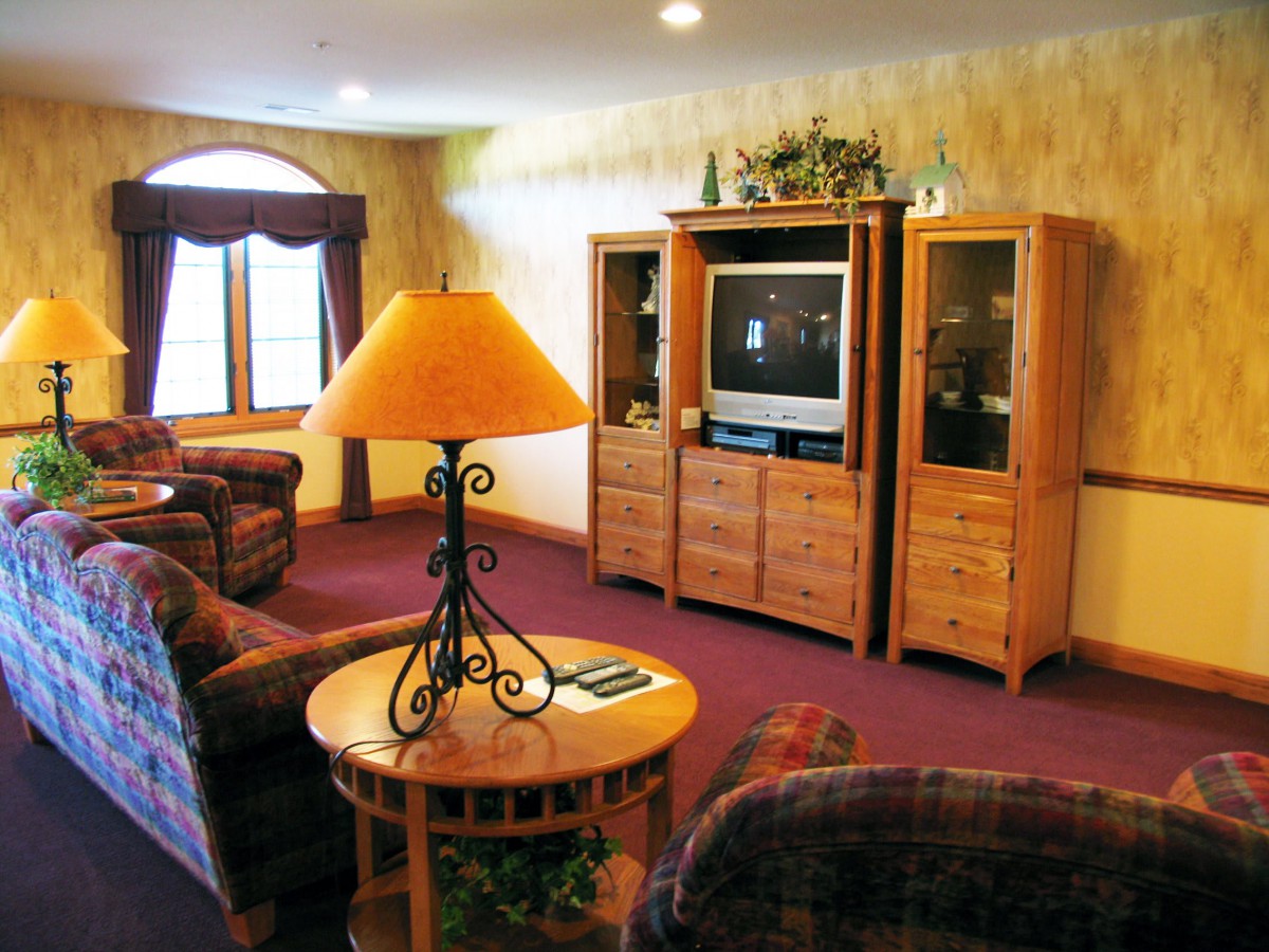 A cozy living room featuring a TV cabinet, sofas, and a table with a lamp.