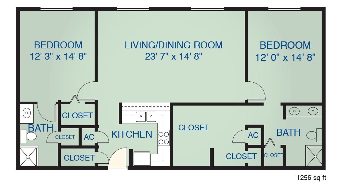A blueprint showing the floor plan of an apartment, including a living/dining room, kitchen, and bedrooms.