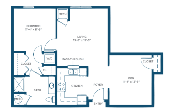A two-bedroom apartment floor plan with living room, kitchen, and bathroom.