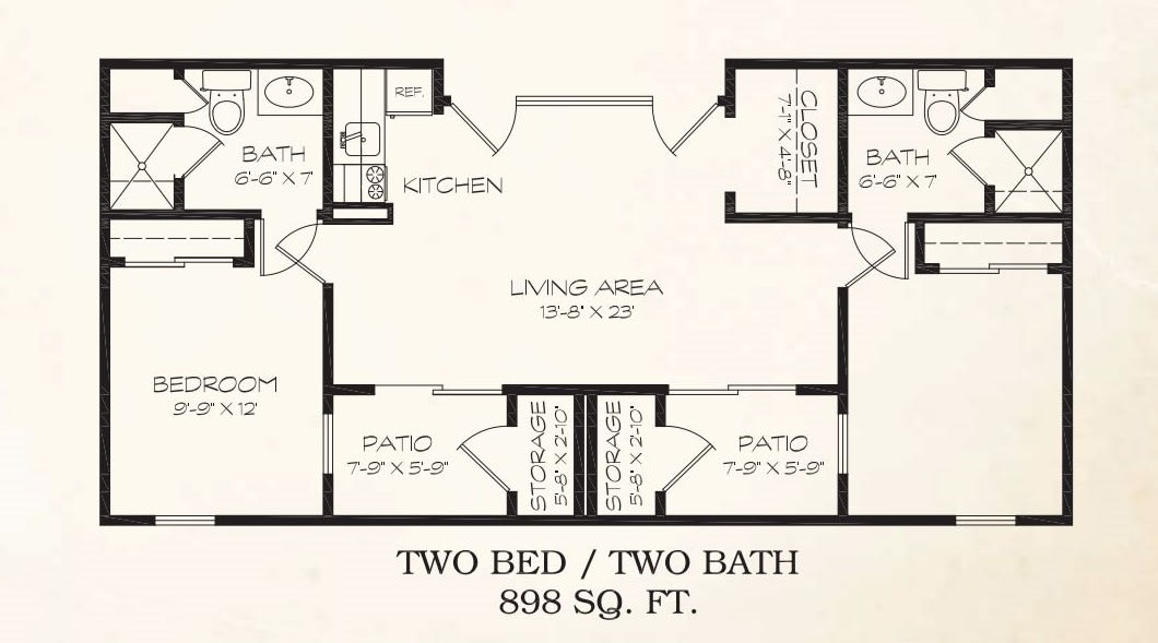 A floor plan of a two-bedroom, two-bathroom apartment with a central living area and kitchen.