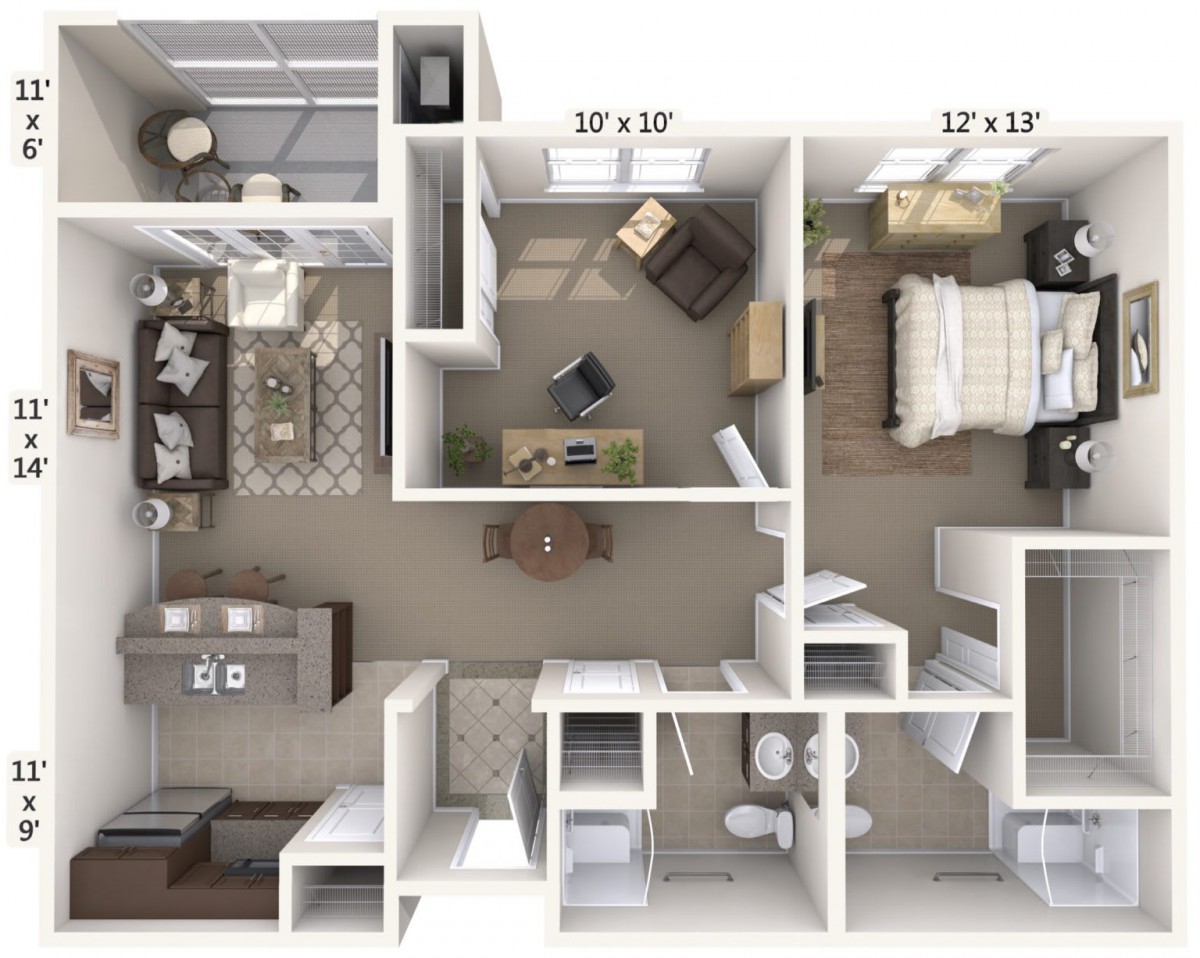A two-bedroom apartment floor plan with labeled dimensions and furniture placement.