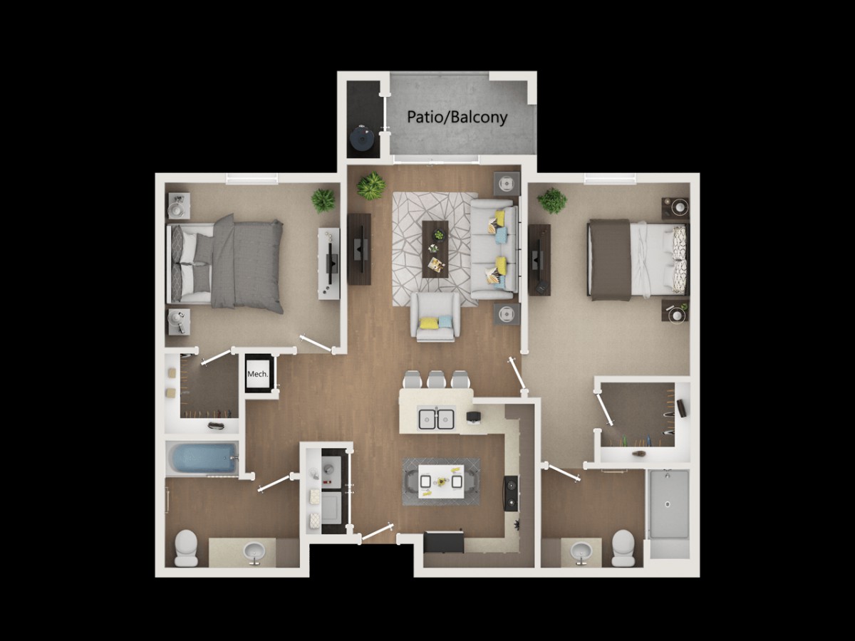 A floor plan showing a two-bedroom apartment layout with a kitchen, living room, and patio balcony.