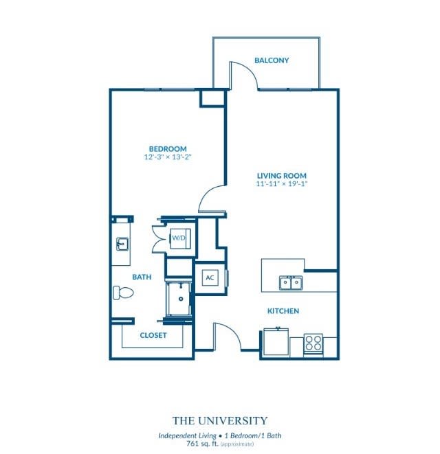 An architectural floor plan of a one-bedroom apartment, featuring a living room, kitchen, bathroom, and balcony.