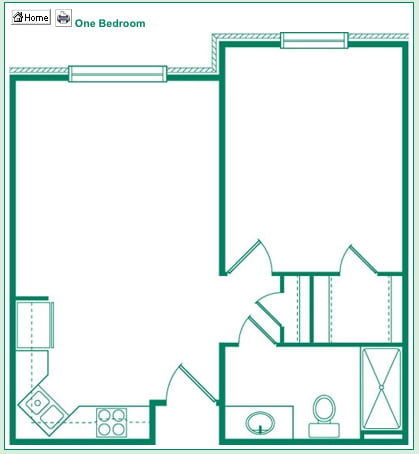 One-bedroom apartment floor plan with kitchen, living room, and bathroom.