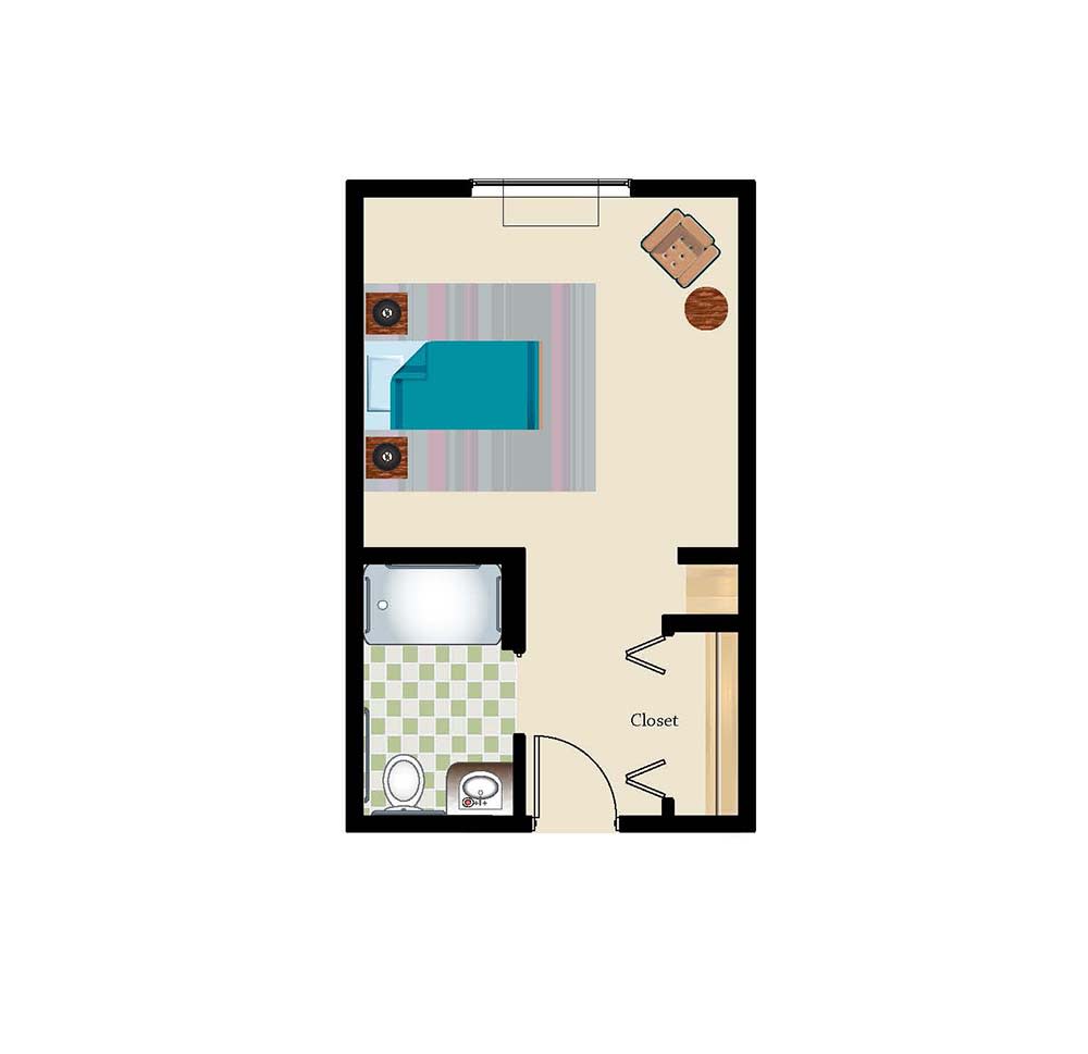 A simple studio apartment floor plan with a bedroom, bathroom, and living area.