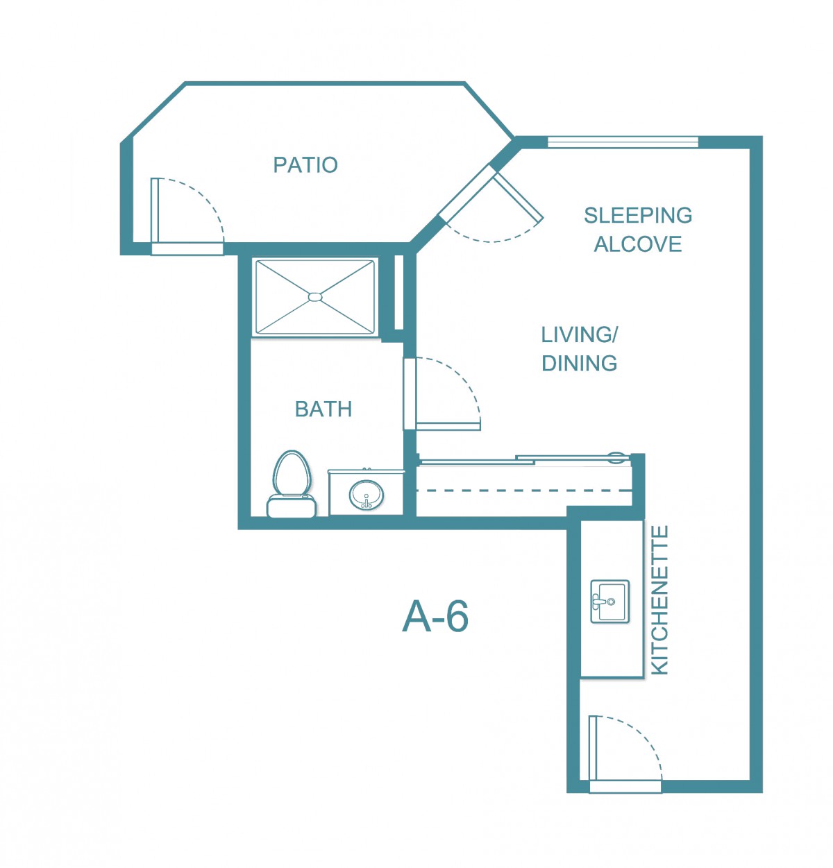 A floor plan of a studio apartment featuring an alcove, living/dining area, bathroom, kitchen, and patio.