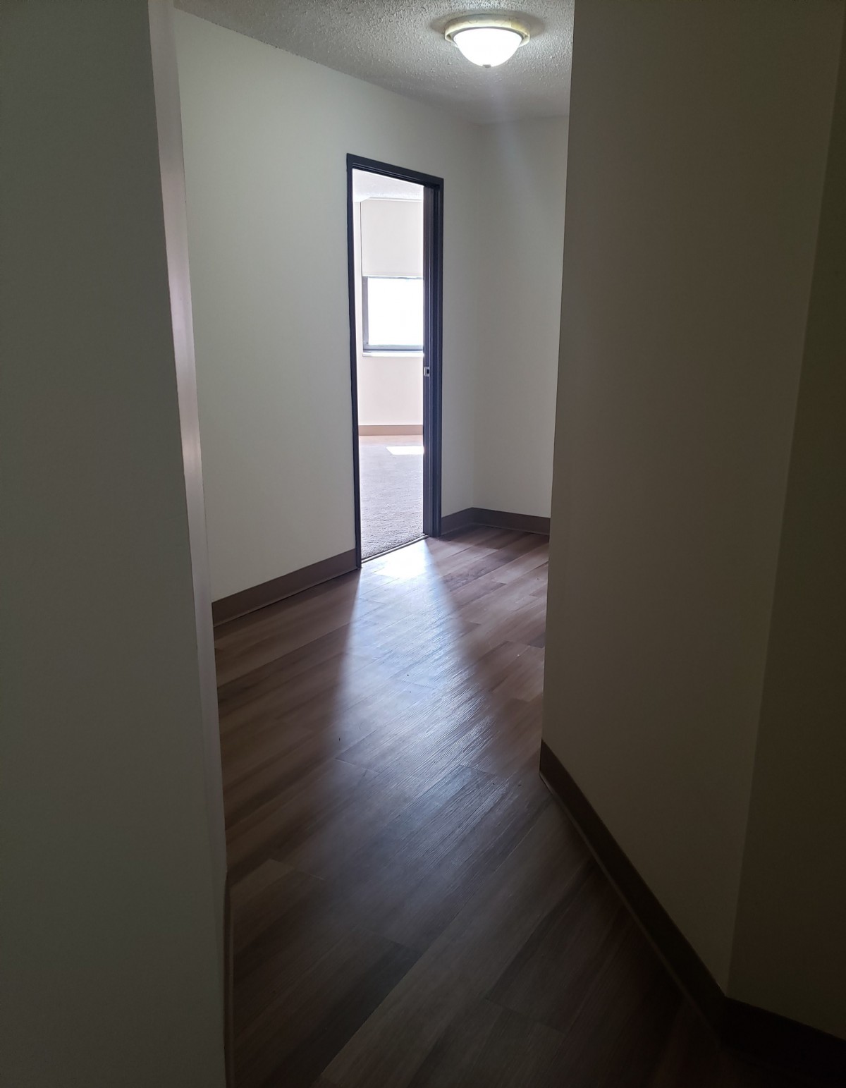 A hallway with a wooden floor leads to an open doorway revealing another room.