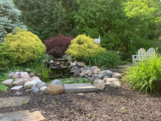 A beautifully landscaped garden featuring a small pond surrounded by rocks and lush foliage.