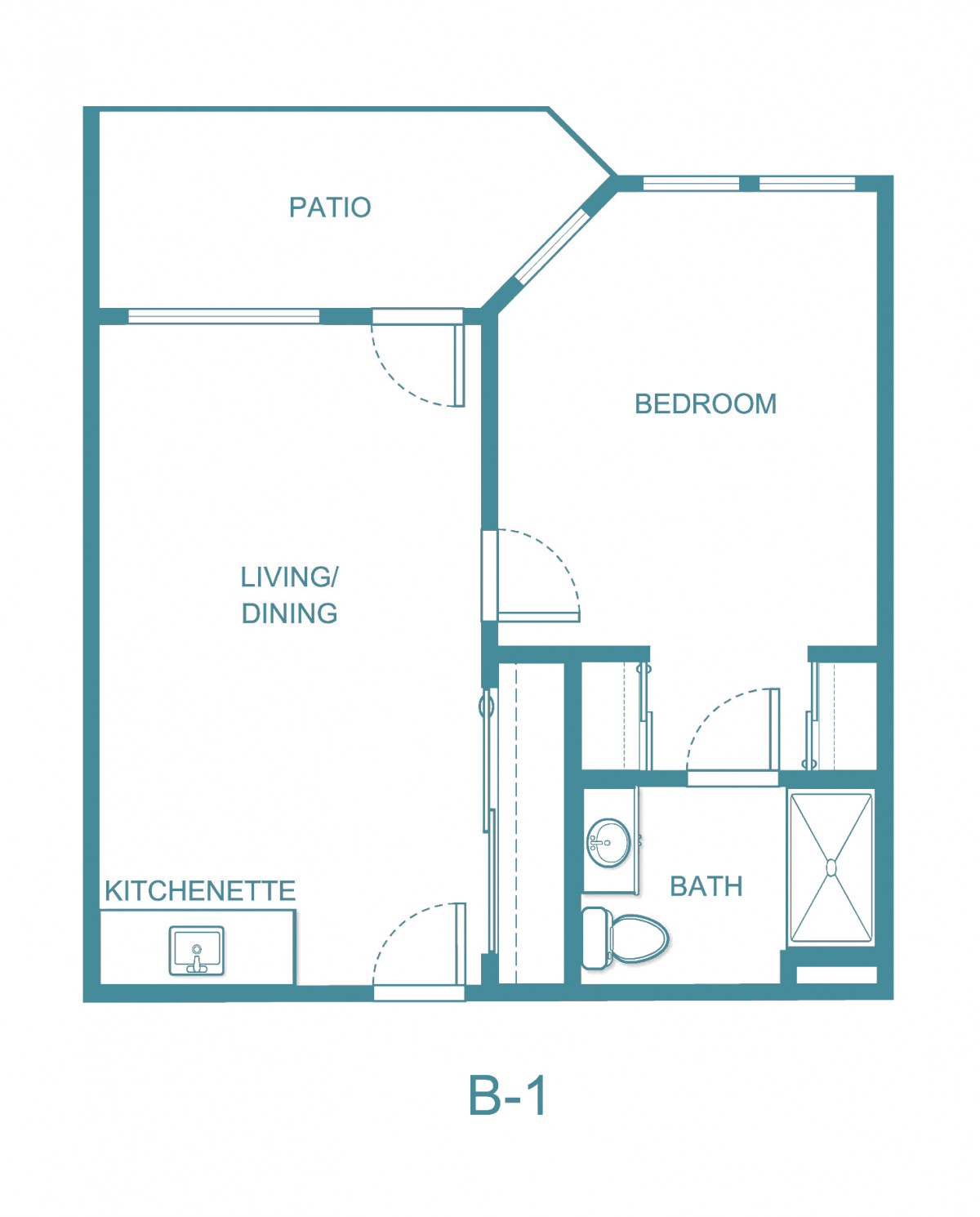 A one-bedroom apartment floor plan with a living/dining area, kitchenette, bedroom, bath, and patio.