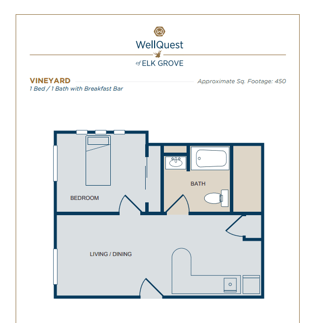 Floor plan of a one-bedroom apartment layout.
