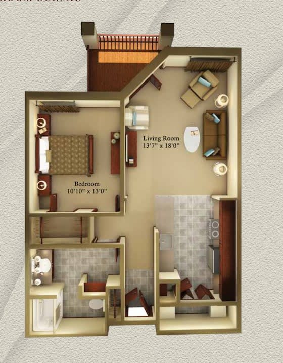 A detailed floor plan of an apartment featuring a bedroom, bathroom, living room, and kitchen.