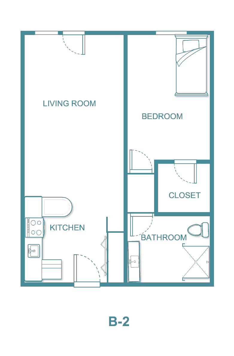 Apartment floor plan with one bedroom, living room, kitchen, bathroom, and closet.