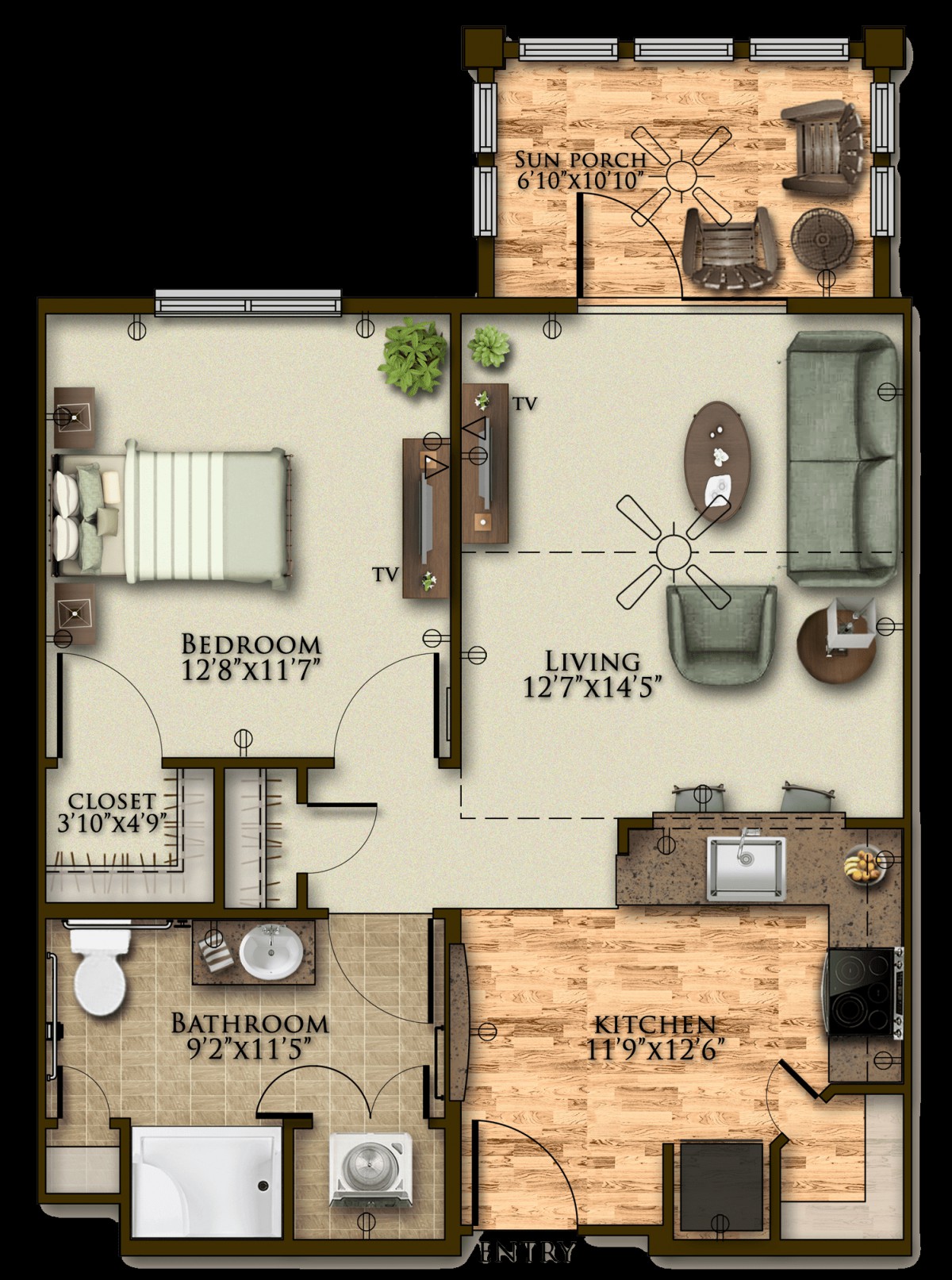 A detailed floor plan of a one-bedroom apartment, featuring a living room, kitchen, and bathroom.