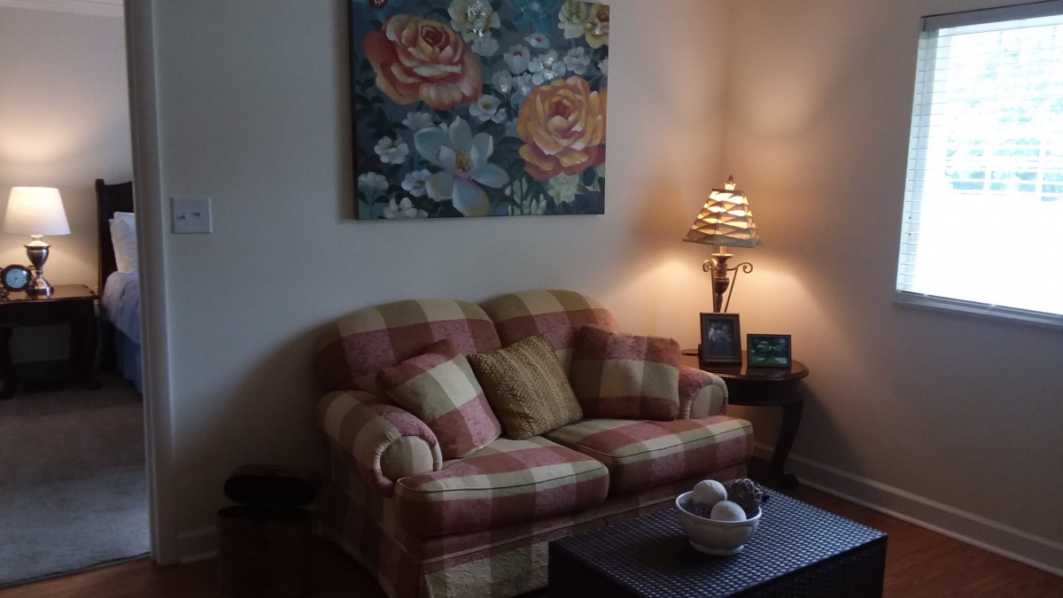 A cozy living room scene with a plaid sofa, floral painting, and a lit table lamp.
