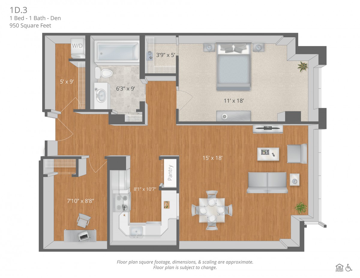 A detailed floor plan of an apartment showing the layout of rooms and furniture arrangement.