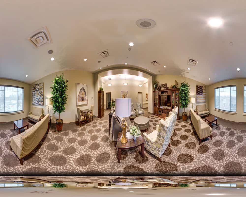 A modern living room with stylish furniture, a patterned carpet, and decorative plants.