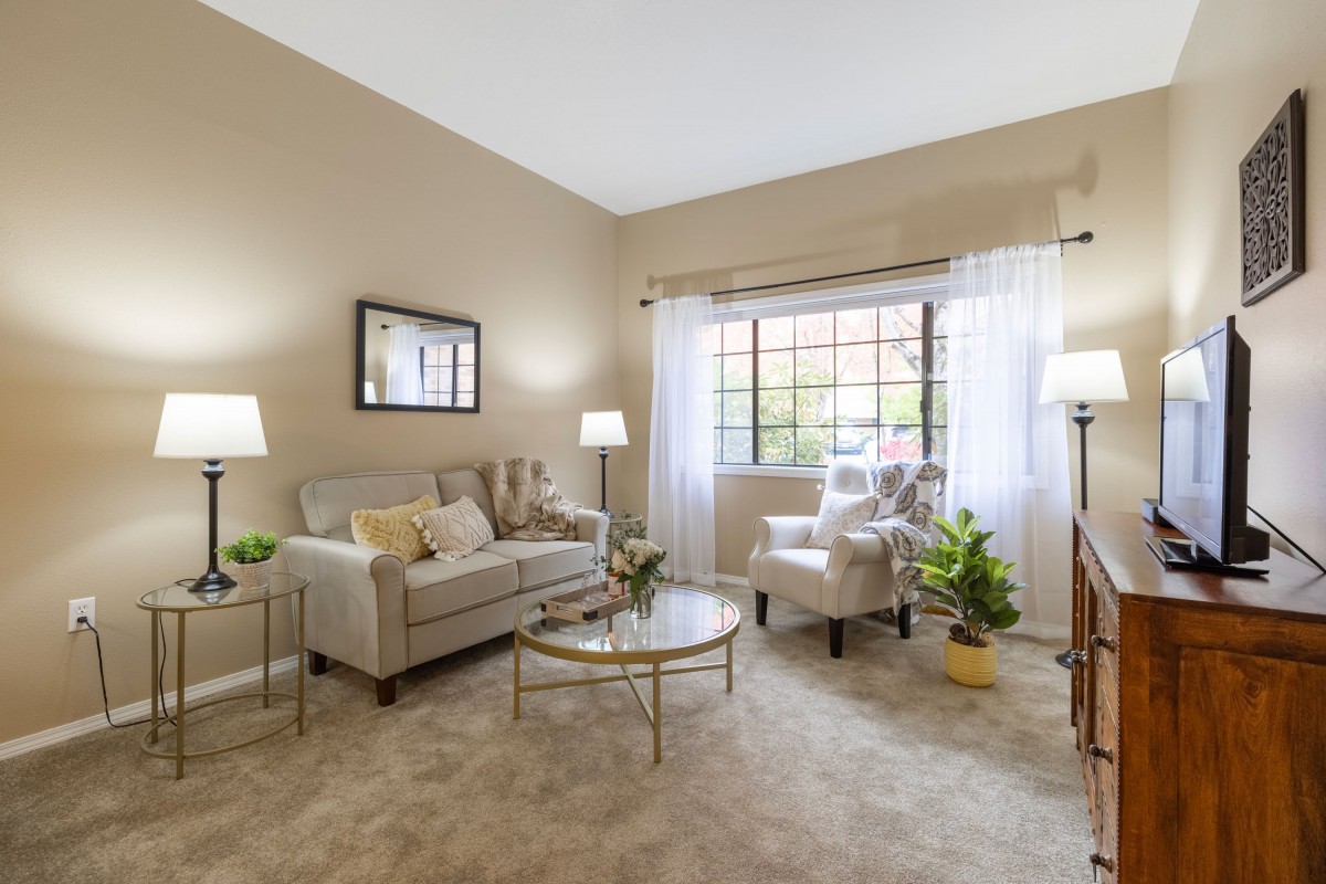 A cozy and well-lit living room with modern furniture and decor.