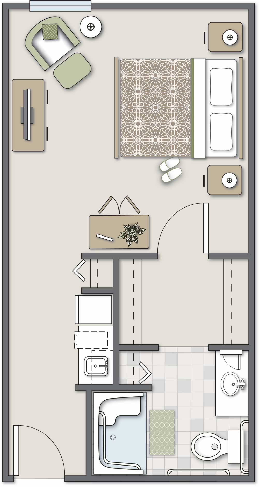 A detailed floor plan of a one-bedroom apartment, showcasing the layout and design.