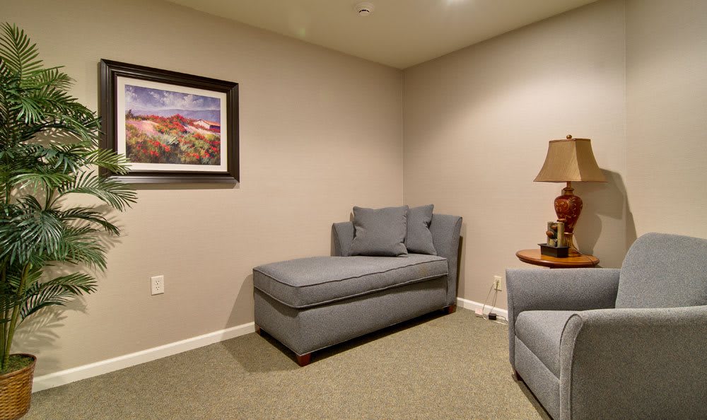 A cozy living room corner featuring a gray couch, wall art, and a table lamp.