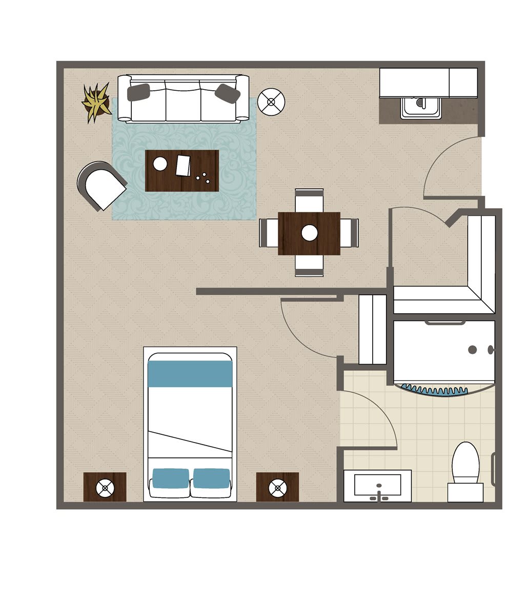 A one-bedroom apartment floor plan featuring a living room, kitchen, bathroom, and furnished bedroom.