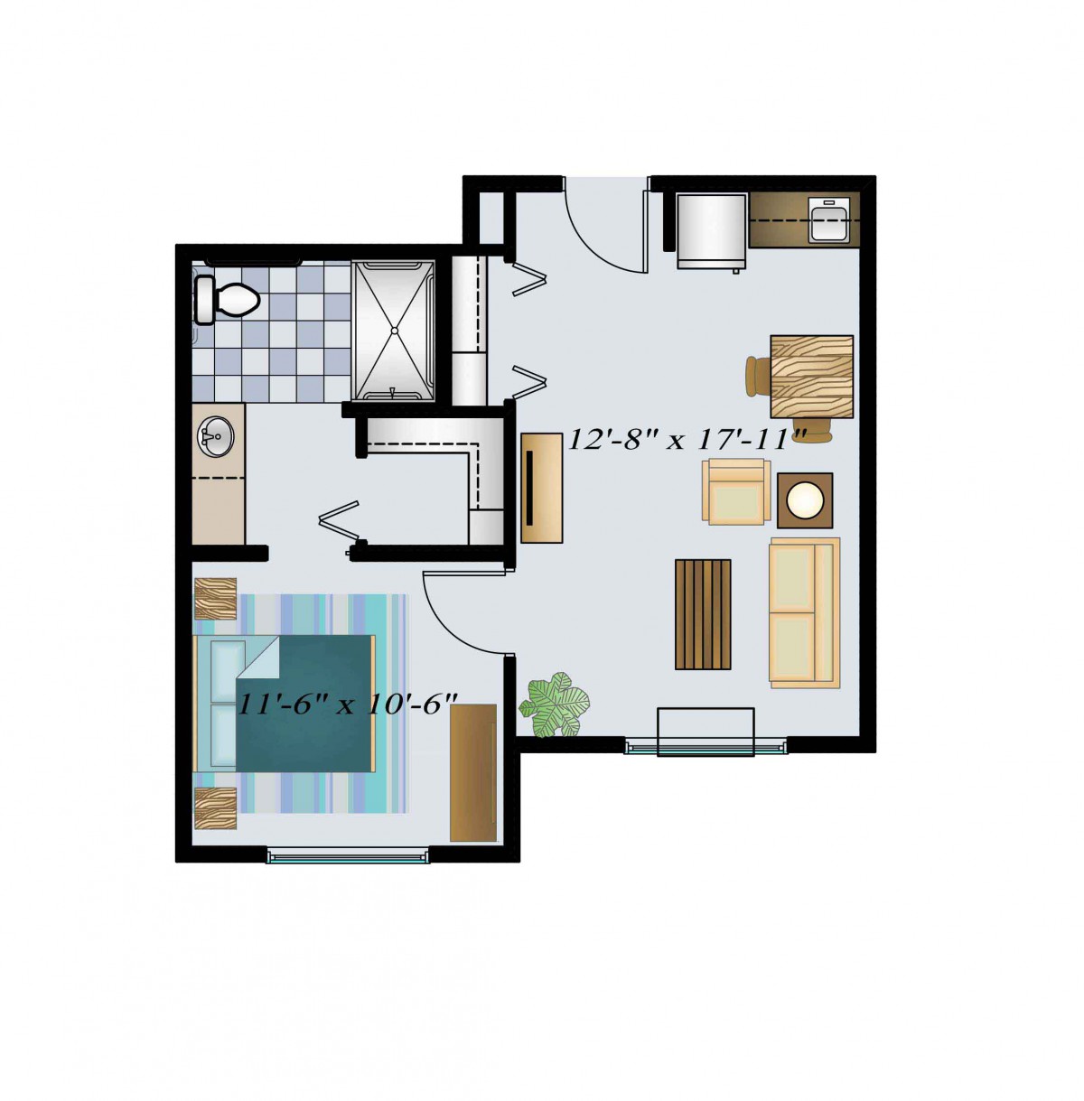 A simple layout of a one-bedroom apartment with living room, kitchen, and bathroom.