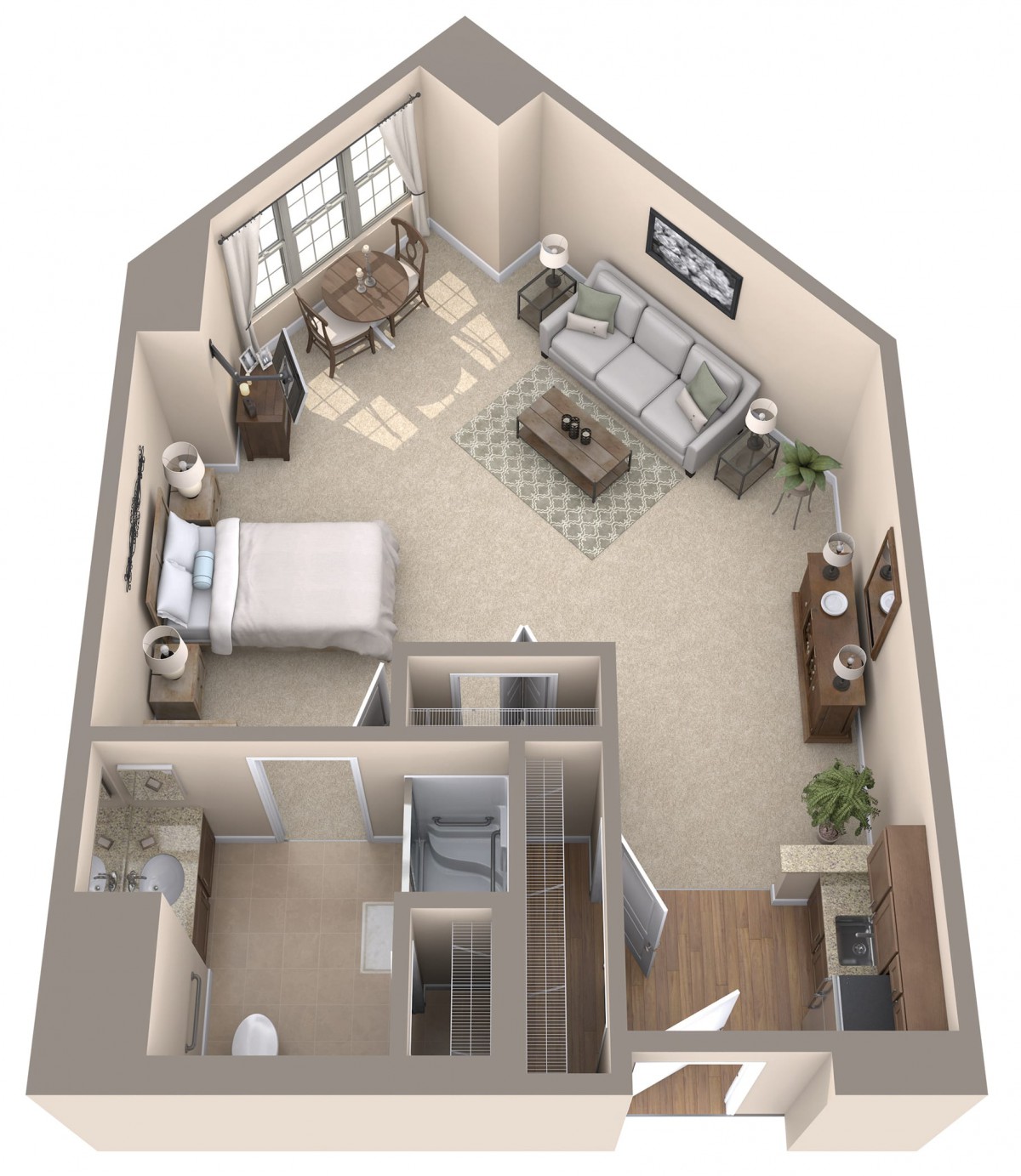 A 3D floor plan of a one-bedroom apartment, featuring a living room, kitchen, and bathroom.
