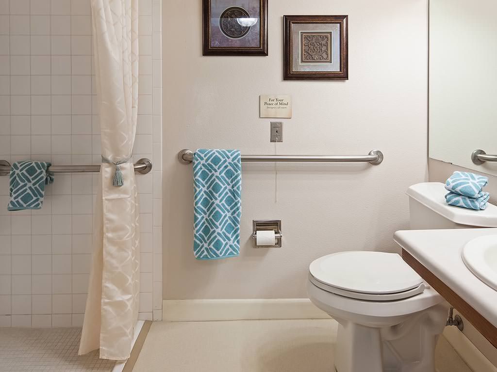 A clean and organized bathroom with a toilet, shower curtain, wall art, and towel rack.